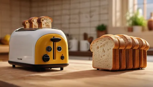 Compose a humorous dialogue between a little bread and a toaster that has gained sentience.,bread machine,sandwich toaster,toaster,danbo cheese,little bread,butter bread,butter breads,butterbrot,grill