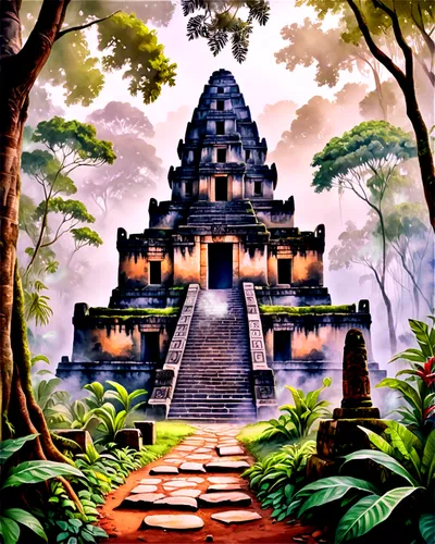 tikal,yavin,temples,gondwanaland,chichen itza,mayan,step pyramid,vimana,amazonica,chedi,pakal,gopura,artemis temple,viriya,ancient city,temple,rathas,aztecas,borobudur,stone pagoda,Illustration,Paper based,Paper Based 24