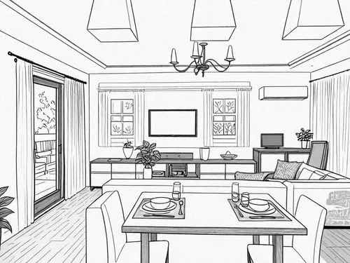 sketchup,office line art,kitchen,study room,working space,penciling,Design Sketch,Design Sketch,Detailed Outline