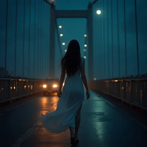 girl walking away,girl in a long dress,angel bridge,nightdress,passion photography,bridge,Photography,Artistic Photography,Artistic Photography 03