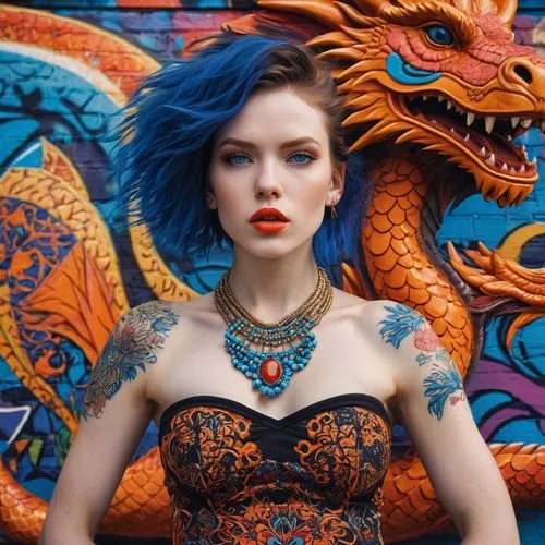 tattoo girl,teal and orange,turquoise,blue peacock,teal blue asia,bombay mix,blue hair,bodypaint,colorful,fierce,color turquoise,tattooed,with tattoo,red and blue,mina bird,ojos azules,vibrant color,colourful,peacock,drexel,Photography,General,Commercial