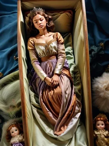 Princess of Bergen in an open coffin with folded hands and flanked by her favorite dolls.,a doll in a box as if to lay down,porcelain dolls,female doll,cloth doll,vintage doll,wooden doll,collectible 