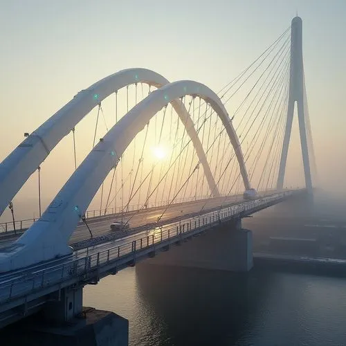 Sleek modern bridge, curved lines, silver metallic structures, cable-stayed suspension, LED lighting systems, cool blue accents, misty morning fog, urban cityscape, concrete piers, steel beams, indust