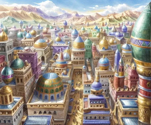 fantasy city,medina,ancient city,makkah,city cities,roof domes,damascus,pink city,mosques,jerusalem,cityscape,rem in arabian nights,view of the city,cairo,constantinople,grand bazaar,colorful city,minarets,al azhar,khazne al-firaun