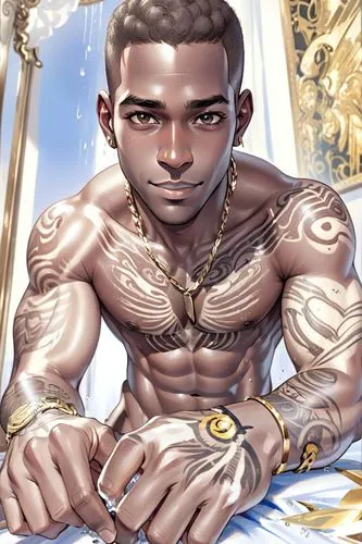 shirtless smiling laz alonzo, dark skin,this is a close up of a person wearing tattoos,lucci,pucci,kur,omari,libra,rigondeaux,Anime,Anime,General