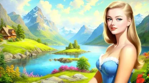 Romantic masterpiece oil painting, cute busty girl portrait, tube top, nostalgic 1950's style kitsch, breathtaking beautiful vast northen Norwegian landscape, epic majestic natural scenery, dark satur