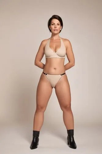 a full-figured woman with smooth and pale skin. she has large and sagging breasts. she has thick thighs. she has pot belly. she has big ass. she's wearing a Brazilian cut g-string bikini. she is stand