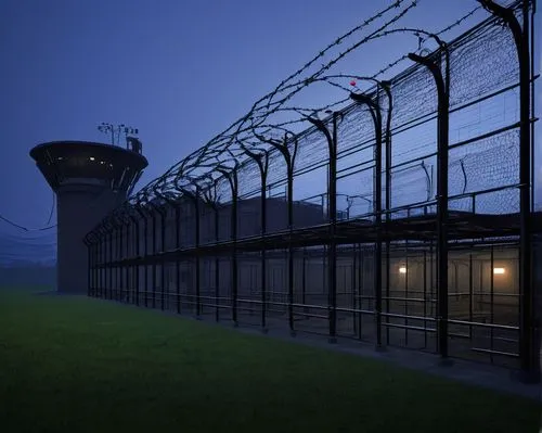 Prison design architecture, modern futuristic prison, sleek steel framework, reinforced concrete walls, barbed wire fencing, surveillance cameras, solitary confinement cells, iron bars, dimly lit corr