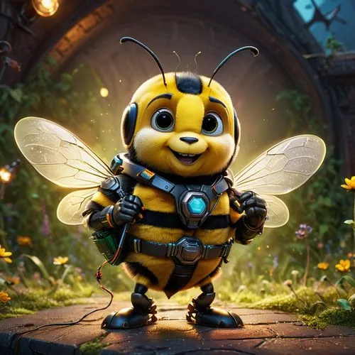 Illustrate a playful bumble bee receiving its bachelor degree as electrical engineer, wearing an electricans belt. Pixar, Disney, concept art, 3d digital art, Maya 3D, ZBrush Central 3D shading, brigh