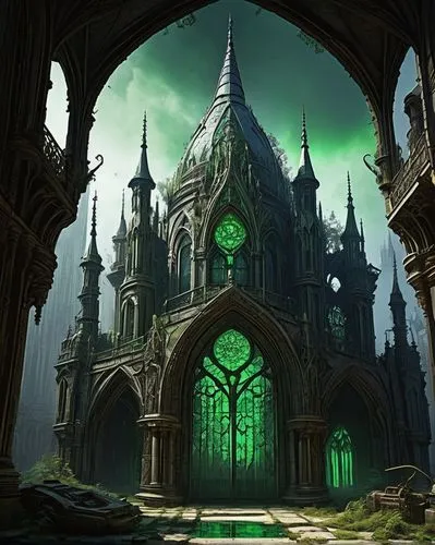 Gothic raygun, futuristic sci-fi, intricate stone carvings, ornate metal details, stained glass windows, grandiose cathedral-like structure, towering spires, mysterious misty atmosphere, dimly lit, an