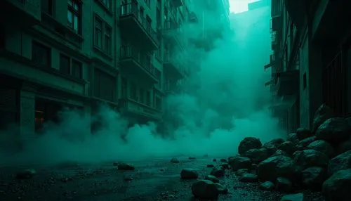 green smoke,apocalypse,apocalyptic,teal digital background,dystopias,barricade,dystopian,vapor,dystopia,deluge,alleyway,pollution,the pollution,smoke background,post-apocalyptic landscape,stormed,destroyed city,post apocalyptic,turquoise,demolition