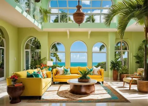 sunroom,tropical greens,tropical house,florida home,mustique,conservatory,house pineapple,palmbeach,beautiful home,palm garden,tropical island,plantation shutters,jamaica,beach house,royal palms,holiday villa,luxury home interior,sitting room,palmilla,cabana,Illustration,American Style,American Style 10