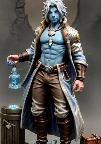 D&D character 
Male Air Genasi 
(Blue skin)
(White flowing hair)
wearing an open long jacket showing chest and no shirt
holding a gem encrusted bottle ,raziel,kharar,smurf figure,vamana,gradimir,hyzaa