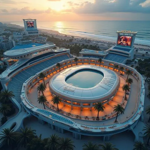 Beach-inspired stadium designs, futuristic architecture, grandeur structure, ocean-blue seats, wave-patterned exterior walls, sandy-beige floors, seashell-shaped scoreboard, coastal-themed concession 