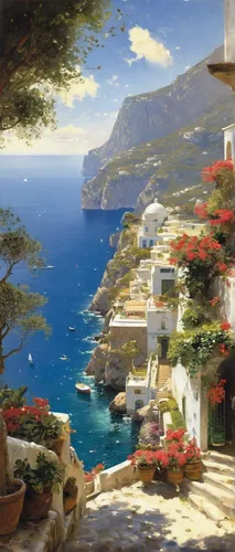 positano,capri,coastal landscape,mediterranean,santorini,greek island,greek islands,santorin,landscape with sea,amorgos,karpathos,navagio,lipari,greece,mediterranean sea,amalfi coast,italian painter,navagio bay,home landscape,sea landscape,Conceptual Art,Sci-Fi,Sci-Fi 30