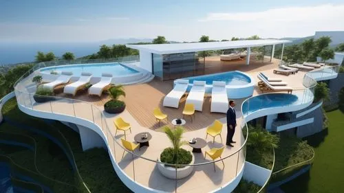 Generate a more realistic architectural rendering for me,there is a big pool outside the home,roof top pool,3d rendering,mipim,Photography,General,Realistic