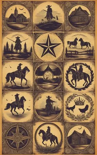 西部乡村牛仔复古元素矢量图,this is an illustration of cowboy themed plates,stagecoaches,western riding,cowboy silhouettes,westerns,stagecoach,pendleton,Illustration,Abstract Fantasy,Abstract Fantasy 16