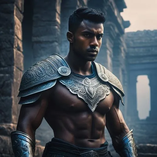 Ashan Prime, dark-skinned muscular man, short black hair, intense gaze, silver armor, intricate engravings, glowing blue eyes, dramatic lighting, heroic pose, misty foggy background, ancient ruins, my