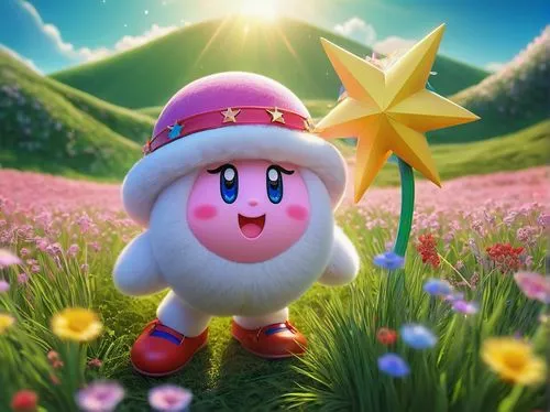 kirby,toadstool,knuffig,mushroom hat,flower background,springtime background,spring background,star of the cape,star balloons,cheery-blossom,super mario,flower field,easter banner,flower hat,fairy penguin,mario,the main star,daisy,cloud mushroom,toad,Illustration,Paper based,Paper Based 08