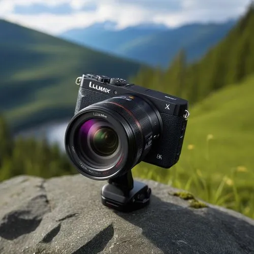 a lumix camera with nature on the  background and dark podium,technikon,full frame camera,tilt shift,tripod head,sony alpha 7,autofocus,tripod ball head,camera illustration,mini tripod,hasselblad,lens