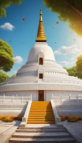 Ancient Indian architectural design, The Great Stupa, majestic, intricate carvings, ornate decorations, white marble structure, golden umbrella on top, vibrant colors, Buddhist theme, serene atmospher