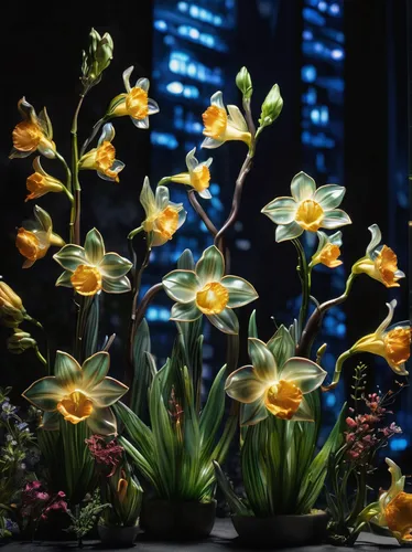 Imagine a futuristic city where jonquil flowers are used as a symbol of hope. Describe its breathtaking beauty in detail.,night-blooming cactus,fritillaria imperialis,avalanche lily,flower arrangement