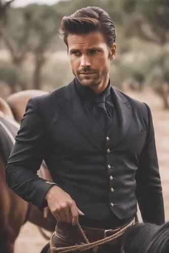 Strong body, man on a rich ranch in Jalisco, Mexico. Rich style. Elegant ranch house. Villain vibes, brunette hair, dark clothes, handsome, agave, horse,a man in a tuxedo standing next to horses,taghm