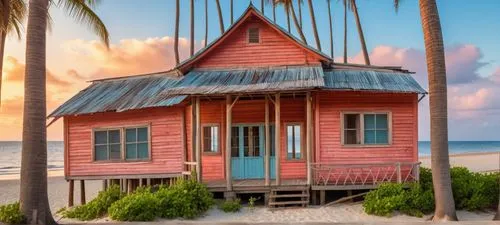 the cozy wooden house with a faded red roof stands on the shoreline, overlooking a tranquil beach. The sun, once a vibrant orange, has transformed it into a vivid display of orange and pink, casting a