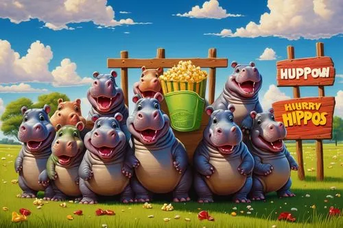 Hungry Hungry Hippos movie, cartoon style, colorful, vibrant, 3D animation, group of happy hippos, different facial expressions, shiny eyes, smiling mouths, playful poses, green grass, blue sky, sunny