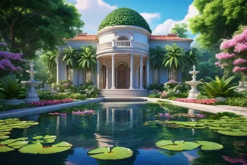 lilly pond,lily pond,oasis,water palace,lotus pond,paradisus,bahai,garden pond,secret garden of venus,tropical house,dreamhouse,gardens,jardiniere,pool house,idyllic,garden of eden,lotuses,beautiful home,amazonica,green garden,Illustration,Realistic Fantasy,Realistic Fantasy 32