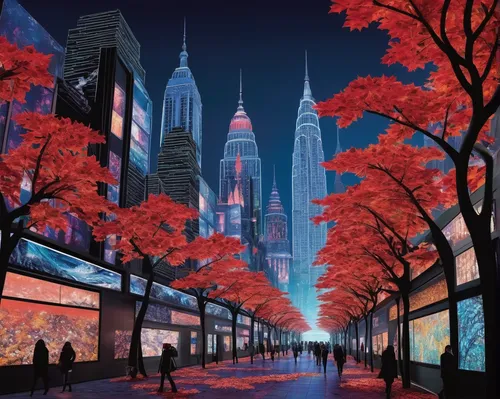 Imagine a futuristic cityscape adorned with artificial reddish autumn leaves, merging nature with technology.,tokyo city,tokyo,shinjuku,tokyo ¡¡,city scape,sky city,chrysler building,fantasy city,japa