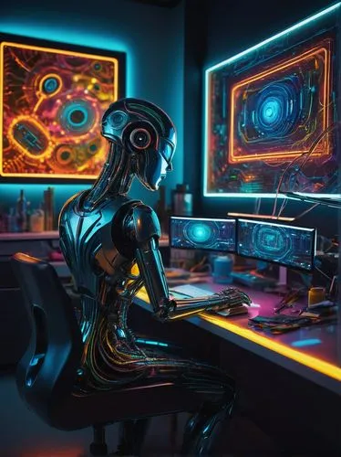 girl at the computer,computer room,computer art,computer workstation,computer desk,computer,cyber,man with a computer,computer freak,cyberpunk,sci fiction illustration,cyberspace,working space,computer graphics,neon human resources,computer addiction,cybernetics,desktop computer,computer game,workspace,Illustration,Abstract Fantasy,Abstract Fantasy 12