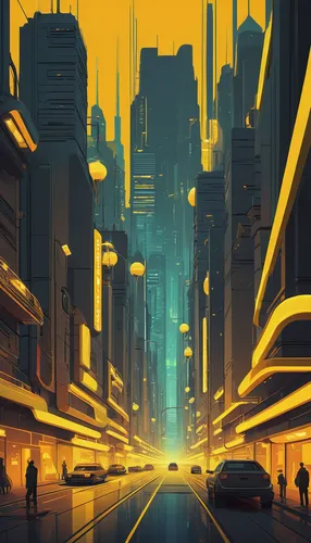 yellow light,transistor,street lights,city lights,city highway,metropolis,sci fiction illustration,cityscape,citylights,pedestrian lights,futuristic landscape,city scape,evening city,city,street canyon,cities,cyberpunk,highway lights,street lamps,tokyo city,Illustration,Vector,Vector 05