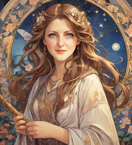 zodiac sign libra,fantasy portrait,fae,golden wreath,jessamine,virgo,mucha,zodiac sign leo,mystical portrait of a girl,faerie,fairy tale character,angelica,zodiac sign gemini,faery,flora,artemis,art nouveau,rosa 'the fairy,star mother,artemisia