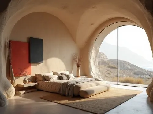 admer dune,dunes house,superadobe,alcove,stucco frame,desert landscape,Photography,General,Realistic