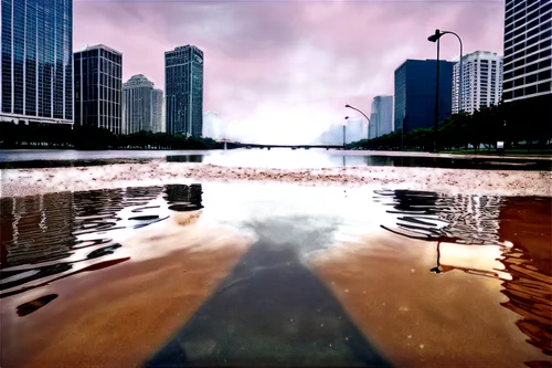 Flooded cityscape, urban area, skyscrapers, broken bridge, debris floating, waterlogged cars, street lamps underwater, murky brown water, ripples, waves, reflection of building lights, 3/4 composition