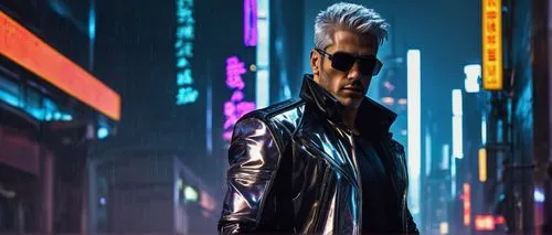 Cyberpunk cityscape, futuristic skyscrapers, neon lights reflecting off metallic surfaces, agent character, male, muscular build, black leather jacket, sunglasses, silver hair, robotic arm, holographi