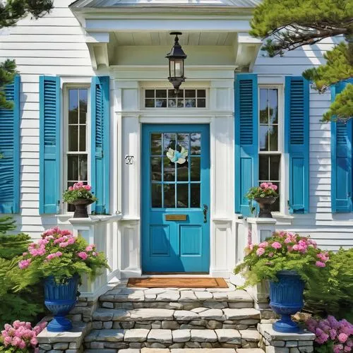 blue door,blue doors,summer cottage,houses clipart,nantucket,garden door,new england style house,front porch,house painting,exterior decoration,greek island door,beautiful home,cottage,front door,country cottage,white picket fence,fairy door,entryway,dreamhouse,hydrangeas,Art,Classical Oil Painting,Classical Oil Painting 02