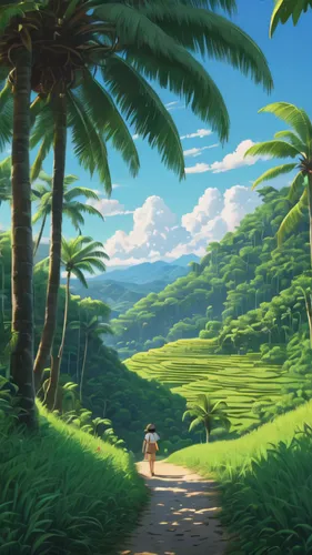 studio ghibli,wander,landscape background,stroll,idyllic,summer day,green valley,cartoon video game background,monkey island,an island far away landscape,forest road,forest path,isle,background image,forest background,palm forest,scenery,valley,background screen,dream world,Photography,General,Natural