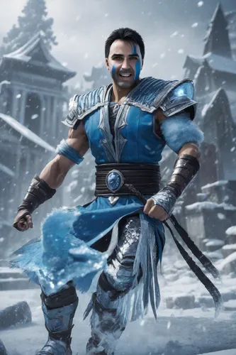 Manter rosto igual, sub-zero mortal kombat, pupilas dos olhos em branco, braços com gelo, imagem com alta definição, em ação,dane axe,male elf,aladha,yuvarlak,warrior east,om,male character,swordsman,