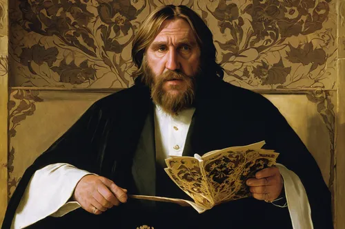 Depardieu was attracted by the mystery of the Russian soul that was embodied in Rasputin,leonardo devinci,lokportrait,rasputin,luther,twelve apostle,the abbot of olib,portrait of christi,archimandrite