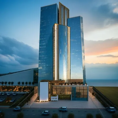 the two large glass buildings with cars outside,rotana,mubadala,azrieli,escala,largest hotel in dubai,luanda,Photography,General,Cinematic