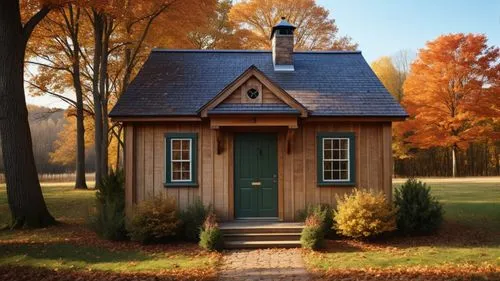 a rustic garden shed made out of wood sits in a beautiful fall countryside, the shed is designed like the old New England farm house with warm colors and a rustic touch. all the trees have orange, yel