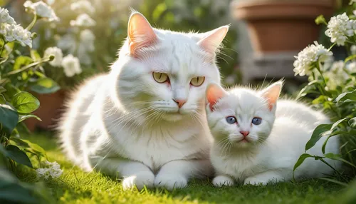 turkish van,turkish angora,cat family,white cat,mother and son,mom and kittens,baby with mom,baby cats,grass family,two cats,japanese bobtail,cute cat,american curl,mother and baby,harmonious family,cats angora,norwegian forest cat,cat lovers,mother and child,white lion family,Photography,General,Natural