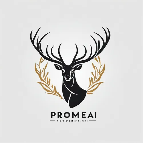 Flat, minimalist vector graphic in black, Logo for Promeai on the theme of a deer, logo style, white background, with text "promeai",logodesign,dribbble logo,proa,pioneer badge,dribbble,pomade,dribbbl