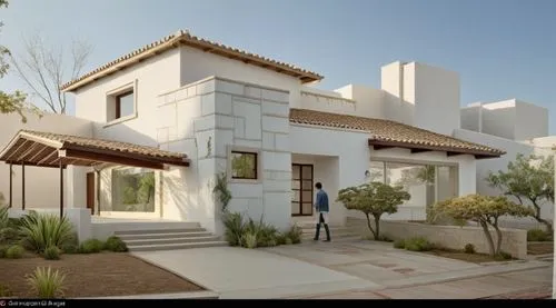 DISEÑO EXTERIOR DE CASA ESTILO MODERNO MEXICANO, UBICADA EN UN FRACCIINAMIENTO RESIDENCIAL, CON MUROS BLANCOS, USO DE CANTERA EN UN MURO, CANCALES DE ALUMINIO COLOR MADERA, HERRERIA, PERSONAS, VEGETAC