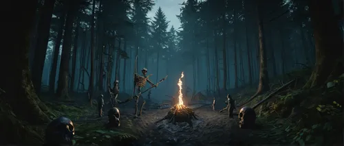 elven forest,the night of kupala,the forest,holy forest,campfire,torch-bearer,torches,the woods,the stake,forest dark,tree torch,wizards,the forest fell,torchlight,burning torch,forest fire,digital compositing,forest walk,forest workers,hunting scene,Illustration,Realistic Fantasy,Realistic Fantasy 19