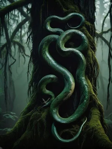 Venomous snake, dark fantasy art, green eyes glowing in darkness, forked tongue, scaly skin, coiled body, misty swamp environment, twisted tree roots, Spanish moss hanging low, eerie ambient lighting,