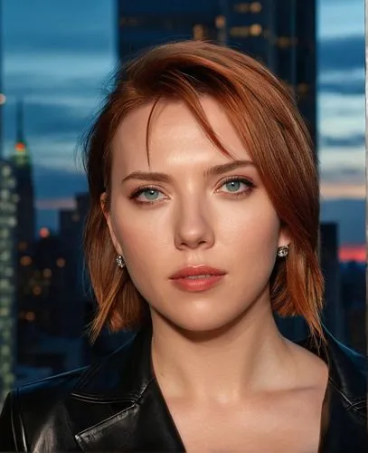 the iconic figure of Scarlett Johansson as a  brave and imposing figure, known for his red hair and piercing turquoise eyes, stands tall in the stands of New York City's iconic skyline. Clad in a slee