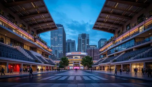 Grandstand seating, cantilevered roofs, angular steel beams, exposed concrete structures, futuristic stadium architecture, dynamic curved lines, asymmetrical facades, bold geometric shapes, vibrant co